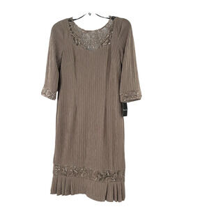 Brianna Milay Dress Womens Size 8 Pleated Metallic Gold Sequin Lace Neckline Hem